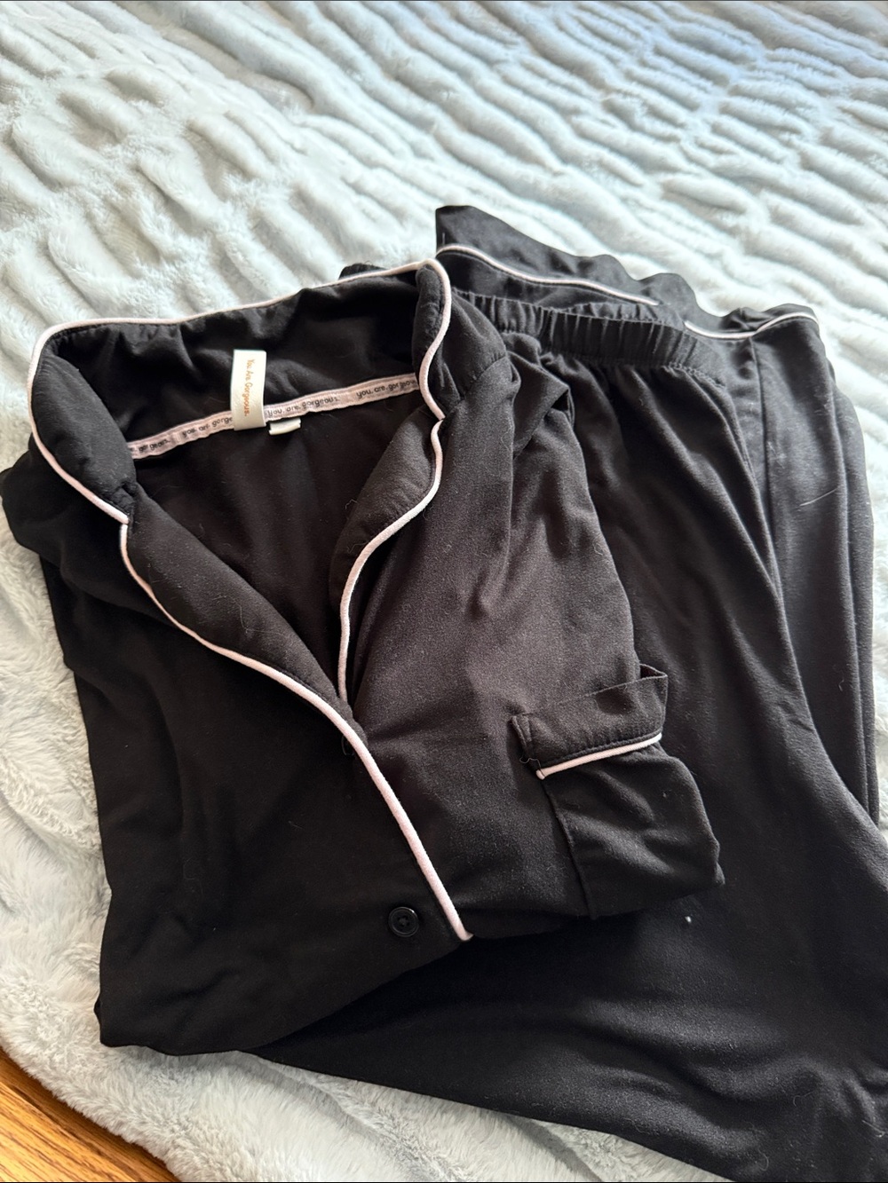 Classic Black Pajama Set with Pale Pink Piping size XL